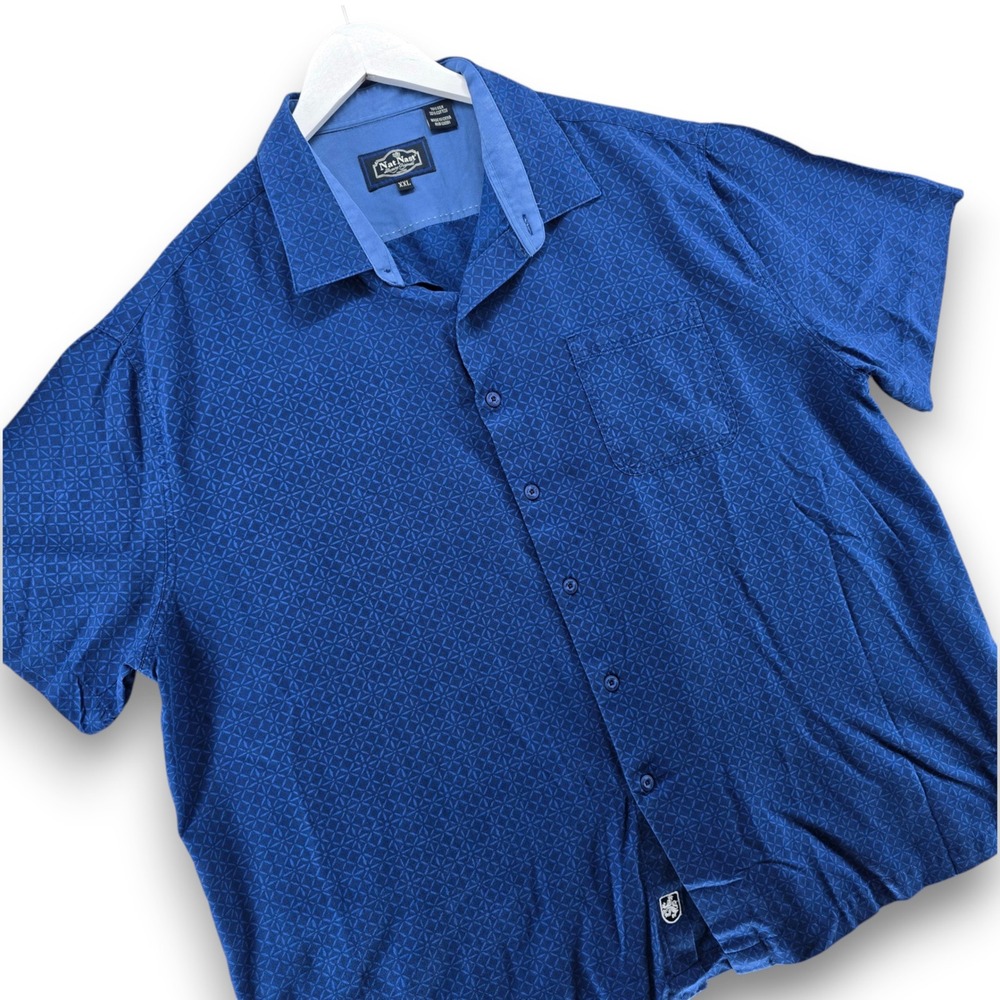 Nat Nast Mens XXL Blue Silk Cotton Geometric Short Sleeve Button Up Shirt